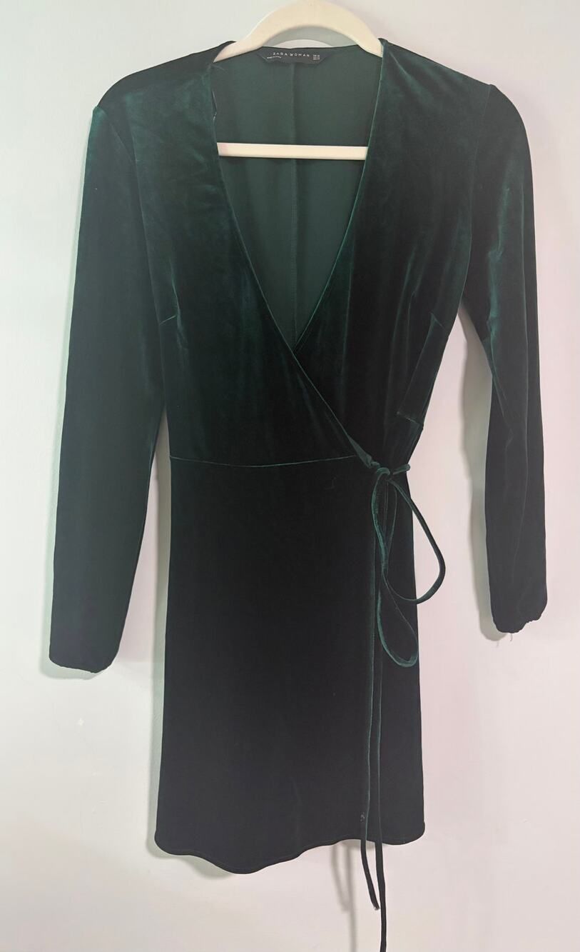 Zara Emerald Green Velvet Wrap Mini Dress Long Sleeve XS